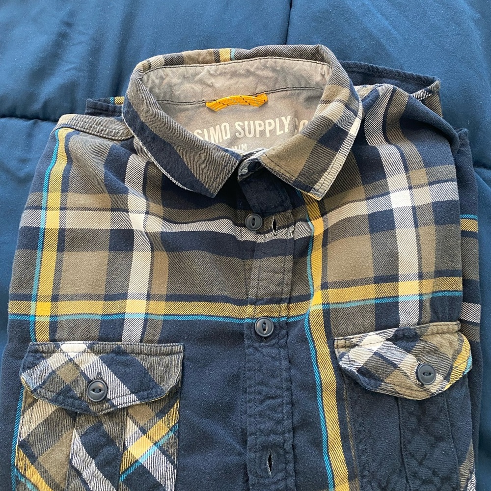 Set of Men’s Mossimo Plaid Shirts in Blue/Yellow & Orange and Blue size medium